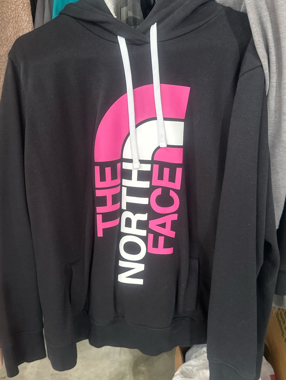 The North Face Black Hoodie with Pink & White Vertical Logo